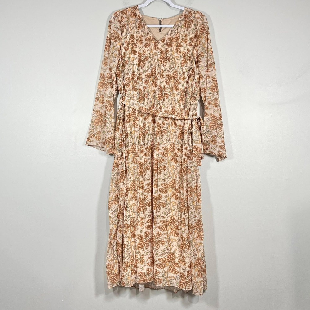 Pink Lily Midi Dress Wms Medium Peach Floral Pleated LS Tie Waist Flowy Boho